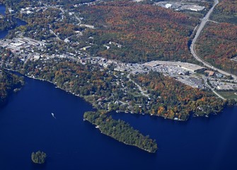 aerial view  in Autumn of  Huntsville in the Muskoka region of Ontario Canada 