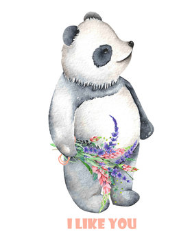 Template of postcard with watercolor illustration panda and bouquet of flowers, hand drawn isolated on a white background