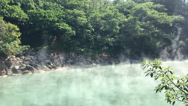 Panning shot from left to right on jade colored at Xin Beitou Hot Springs, Taiwan