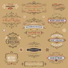 Typographic labels and badges set with Merry Christmas and Happy New Year wishes on kraft paper background. Vector illustration.