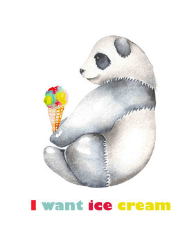 Template of postcard with watercolor illustration panda and ice cream cone, hand drawn isolated on a white background