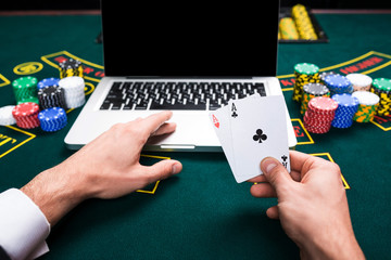 casino, online gambling, technology and people concept