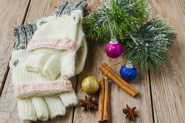Fototapeta na wymiar knitted gloves with pine branch