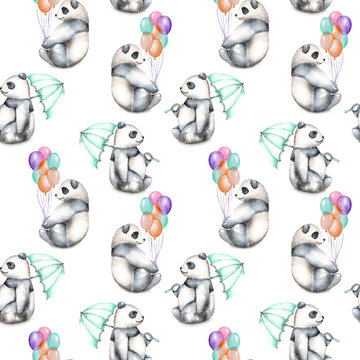 Seamless pattern with watercolor pandas with air baloons and umbrella, hand drawn isolated on a white background