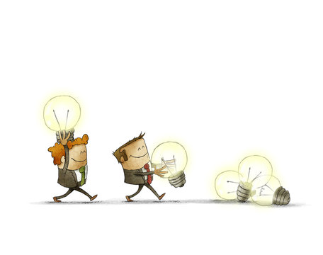 Two men holding lighted bulbs