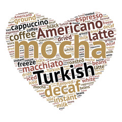 Mocha word cloud concept in shape of heart on white background. Vector illustration.