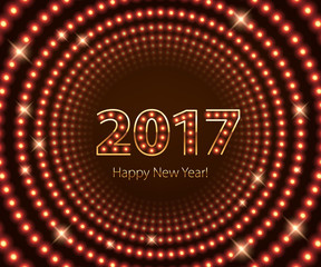 Fototapeta na wymiar Happy New Year 2017 light bulb retro neon background.