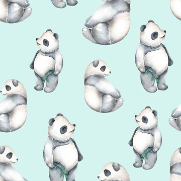 Seamless pattern with watercolor pandas, hand drawn isolated on a blue background