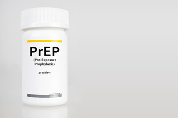 Pill Bottle with label "PrEP" (stands for Pre-Exposure Prophylaxis). PreP treatment is used to prevent HIV infection