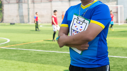 Coach is coaching Children Training In Soccer Team