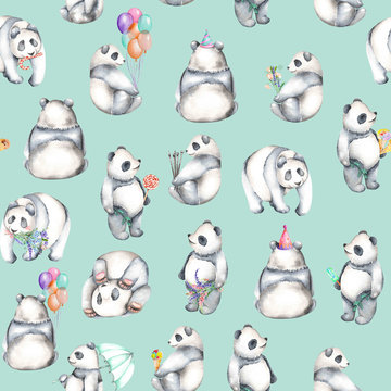 Seamless pattern with watercolor pandas, hand drawn isolated on a blue background