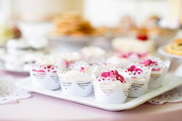 Close up, cupcakes on tray decorated with pink flowers