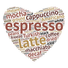 Espresso word cloud concept in shape of heart on white background. Vector illustration.