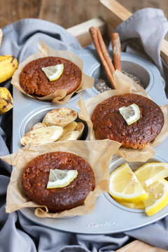 Vegan Muffins with lemon and lemon in bakeware