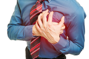 Mann mit Herzinfarkt drückt Hände an Brust - obrazy, fototapety, plakaty