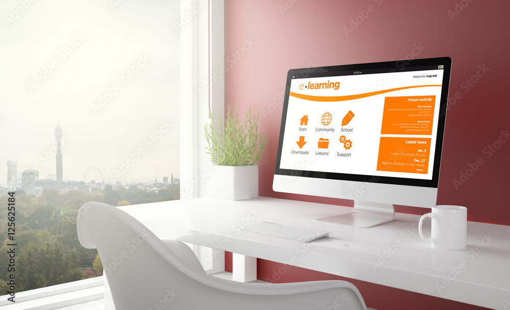 Poster red studio with e-learning computer