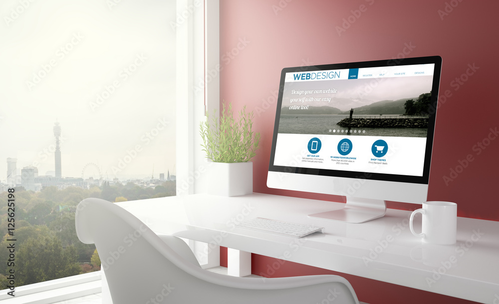 Poster red studio with web design computer