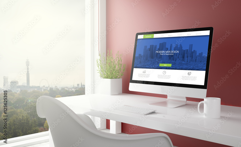 Poster red studio with modern web design template computer