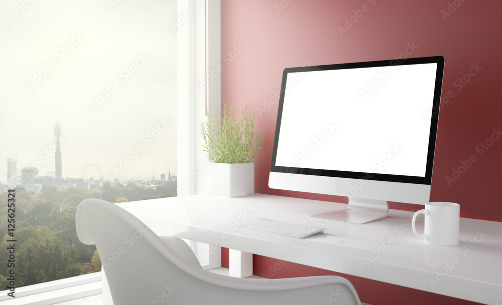 Wall mural red studio with blank screen computer