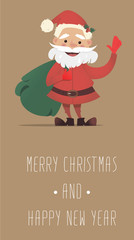 Cute Santa Claus with a bag of gifts waving. Vector Christmas illustration. New Year's banner. Bright cheerful Christmas character in the flat style