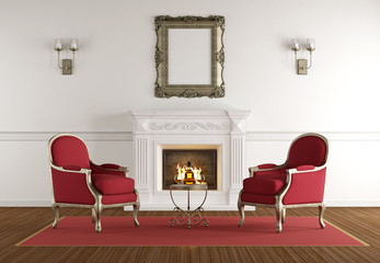 White fireplace in a classic living room