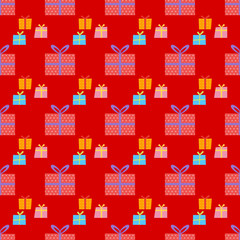 Seamless merry christmas and new year pattern with gift box and snowflakes. Vector background. Holiday decorations.
