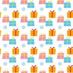 Seamless merry christmas and new year pattern with gift box and snowflakes. Vector background. Holiday decorations.