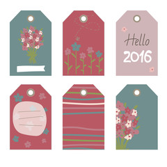 Vector hand drawn set.  Romantic tags collection  with flowers, lettering.  Set of  holiday invitations.