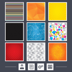 Yellow background. Carbon fiber texture. Mossaic and low poly design. Accounting workflow icons. Human silhouette, cogwheel gear and documents folders signs symbols. Abstract backgrounds. Vector