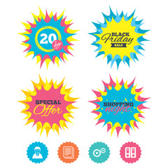Shopping night, black friday stickers. Accounting workflow icons. Human silhouette, cogwheel gear and documents folders signs symbols. Special offer. Vector