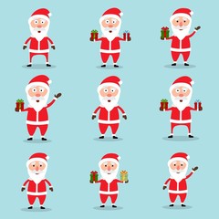 Collection of Christmas Santa Claus in flat and cartoon style. Abstract blue sky background. Vector illustration.