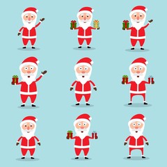 Collection of Christmas Santa Claus in flat and cartoon style. Abstract blue sky background. Vector illustration.