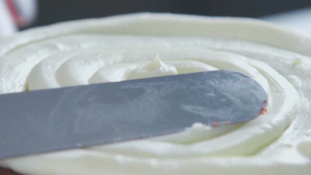 Confectionery spatula dub cream. Cooking cake with cream. Cake with cream. Chocolate sponge cake with cream. The food for the holiday. for the holiday cake. Preparation of cake in a candy store.