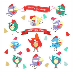 Christmas and New year. Festive design. Fun birds, cocks and hens. The year the red rooster