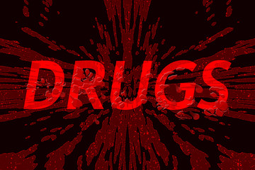 Word drugs on shattered background, with blood spatter on top of it - concept of dangers of drug abuse