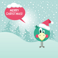 Christmas and New year. Festive design. Green bird in Christmas hat. Greeting card