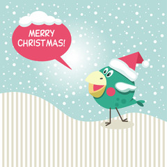 Christmas and New year. Festive design. Jolly green bird in Christmas hat