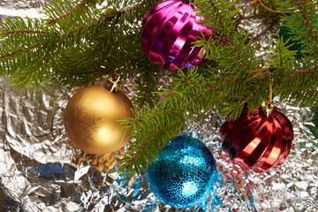 Christmas tree and decorations on wooden background