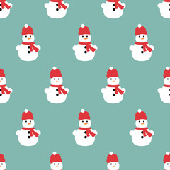 A seamless pattern of snowmen and snowflakes.