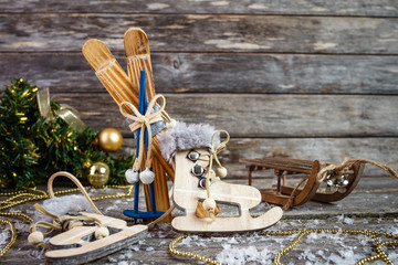 Christmas decoration on wooden background. Empty space for text.
