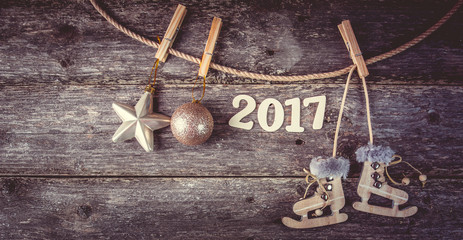 Christmas Decoration Over Wooden Background. Xmas card and gift. Winter holidays theme..