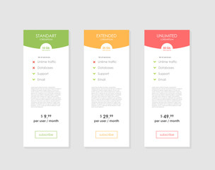 Pricing Table Template with Three Plan Type. Graphic Design on Gray Background. Three tariffs. interface for the site. UI ux vector banner for web app
