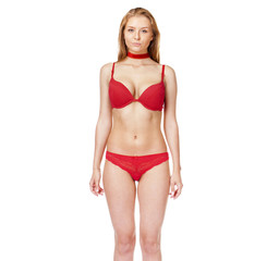 Naklejka premium young blonde woman posing in red underwear
