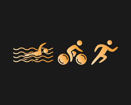 Triathlon logo and icon. Gold figures triathlete