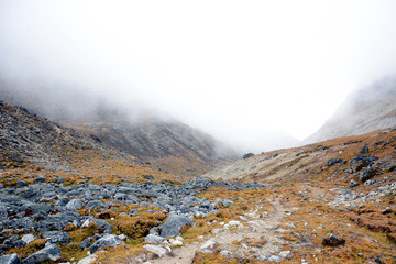 Hiking in Khumbu Valley in Himalayas mountains, Chola pass trek, Nepal.