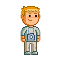 Vector 8-bit pixel art photographer