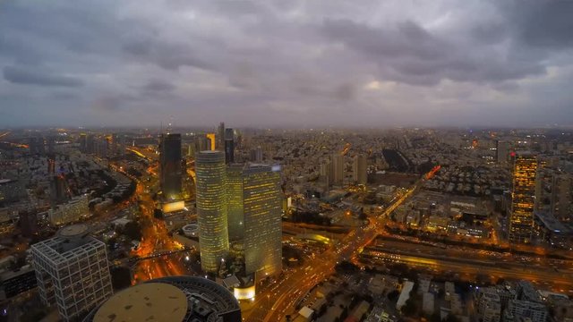 Tel Aviv skyline - Day to night aerial time lapse 