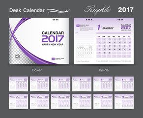 set white and purple Desk Calendar 2017 template design, cover Design