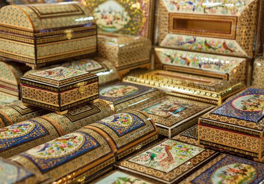 Handmade Wooden Boxes with Marquetry Design in the Form of Persian Khatam Inlay in Isfahan of Iran