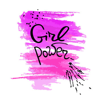 Handwritten text Girl power   Feminism quote. Feminist saying. Brush lettering. Pink abstract  stain.  Vector design.